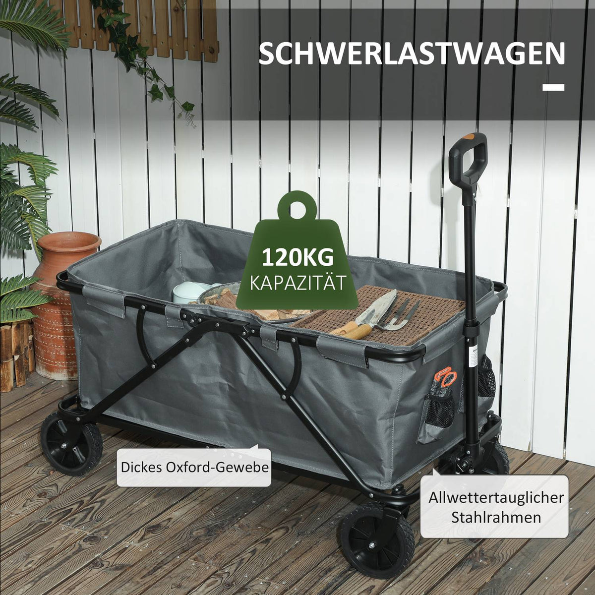 Folding Garden Cart, 160L Capacity, 120kg Load, Dark Grey