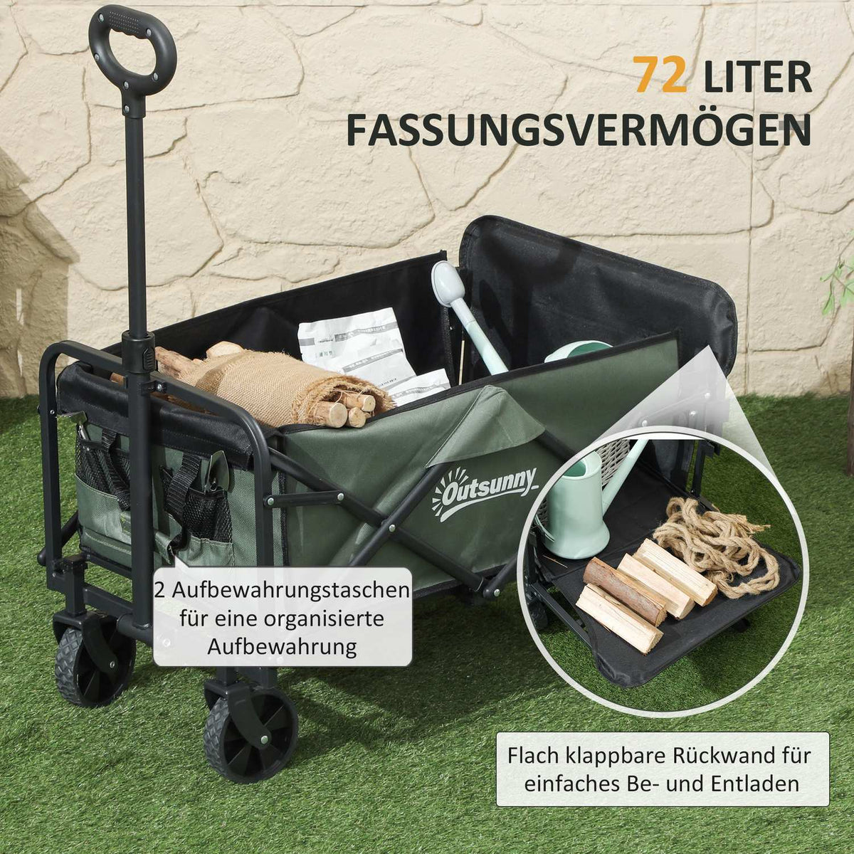Folding Garden Cart, 72L Capacity, 90kg Load, Green