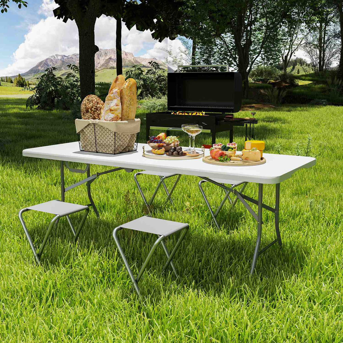 Folding Garden Table 180 x 74 cm Weatherproof Buffet Table with Carrying Handle Folding Table Camping Table for Garden Patio and Balcony White