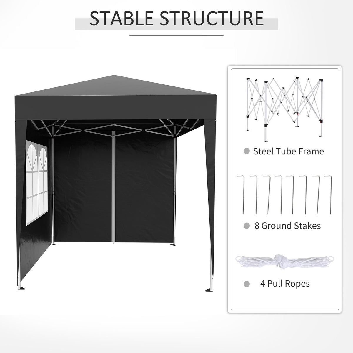 Folding Gazebo 2 X 2M Gazebo With 4 Side Walls, Window, Marquee With Uv Protection, Garden Tent With Carry Bag, Steel Oxford, Black
