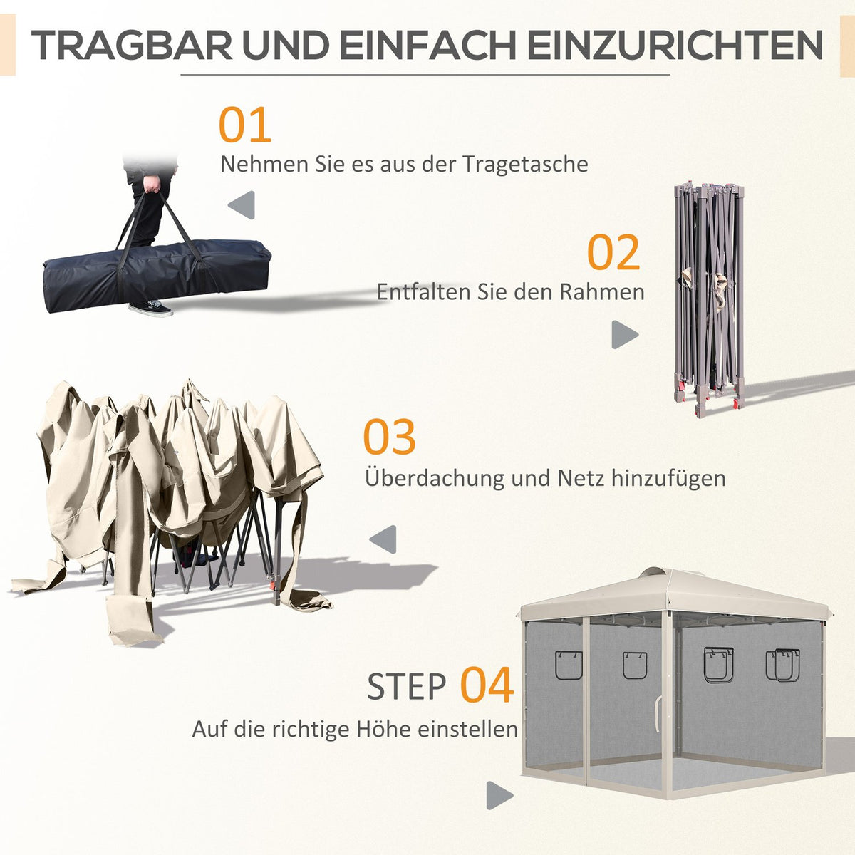 Folding Gazebo 3X3M Gazebo With 4 Mesh Curtains, Uv Protection, Pop Up, Window, Carry Bag, Beige