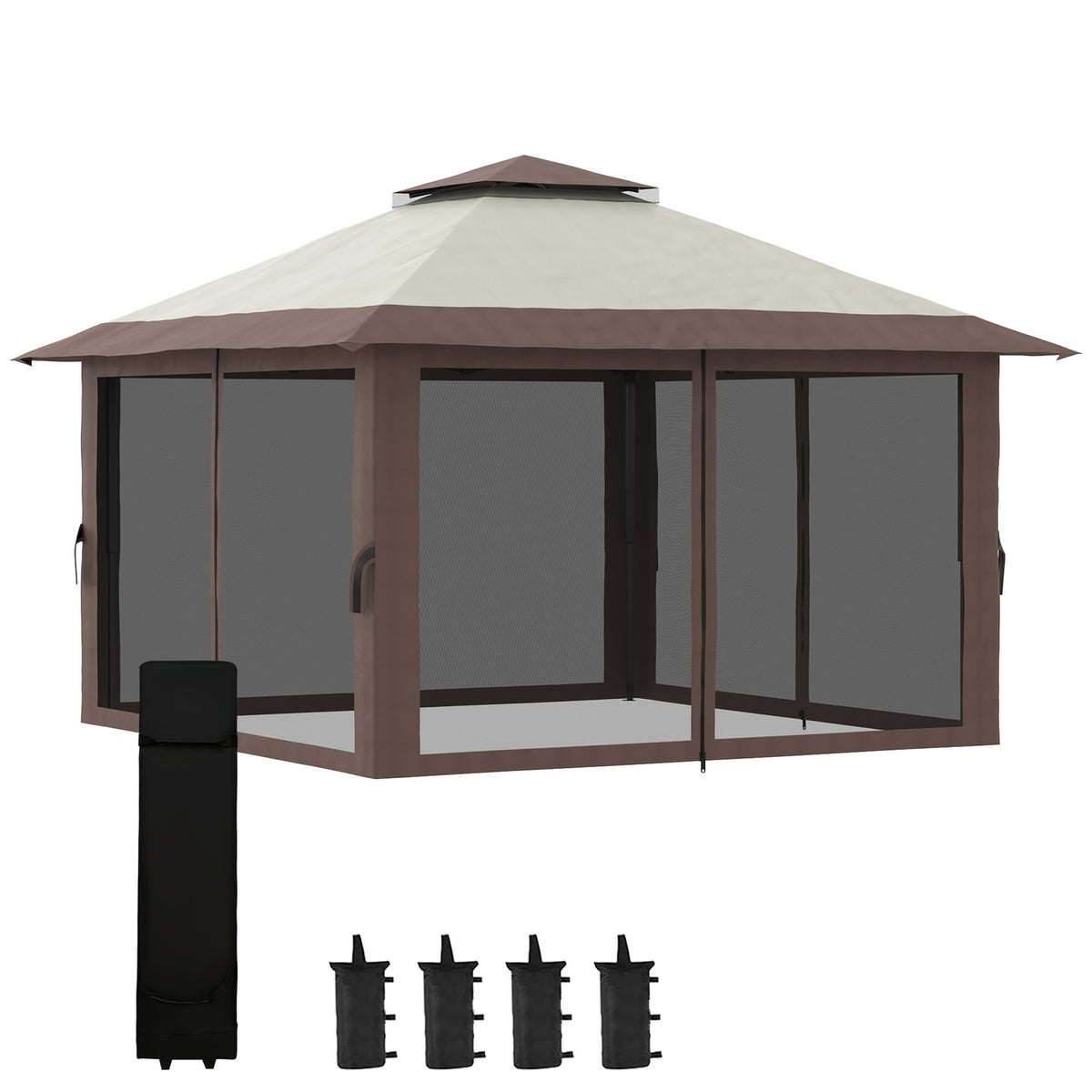 Folding Gazebo 4X4M Height-Adjustable Garden Gazebo With Uv Protection & Mesh Curtains, Double Roof, Beige