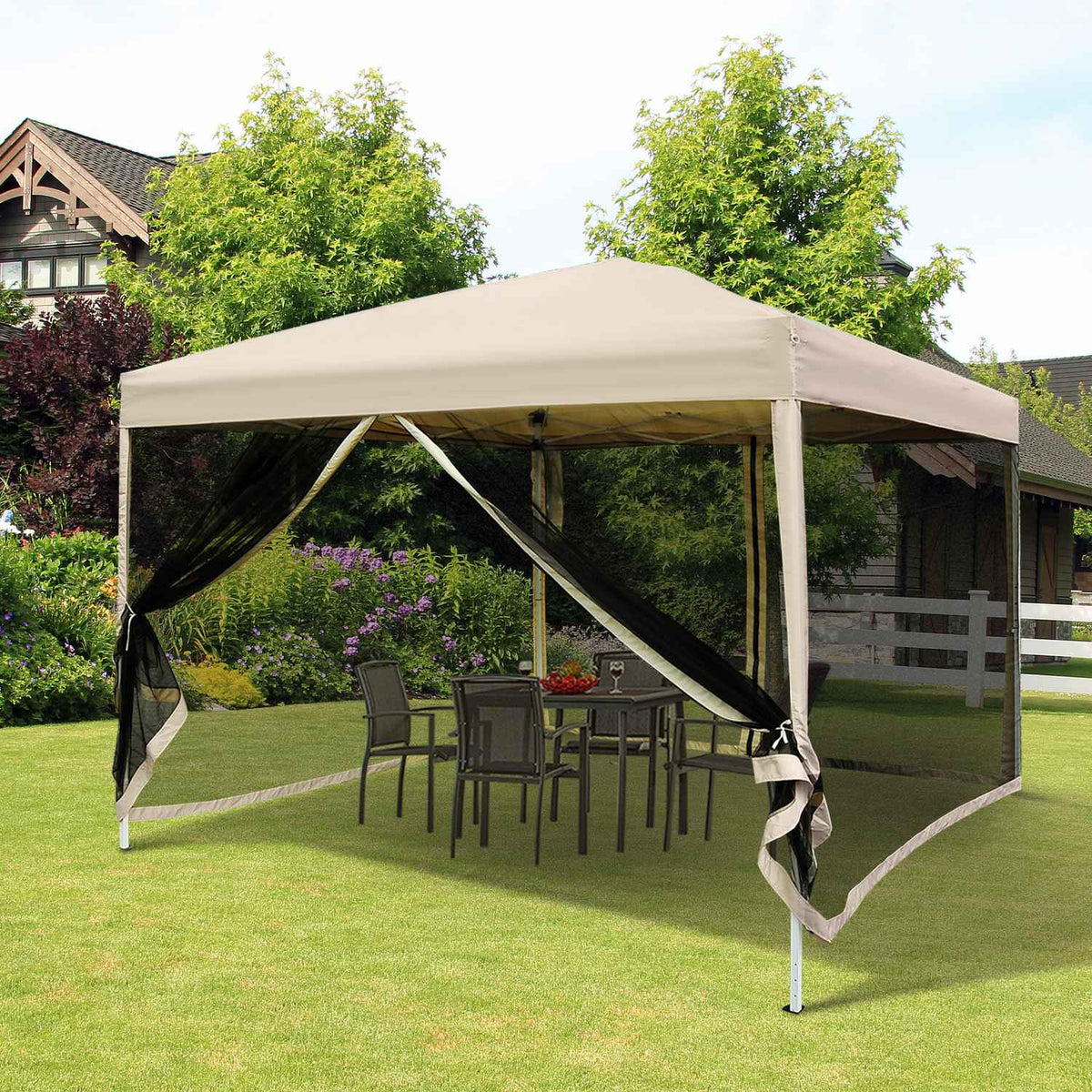 Folding Gazebo Gazebo Folding Tent With Side Walls & Carry Bag, Steel + Oxford, Beige, 3X3X2.55M