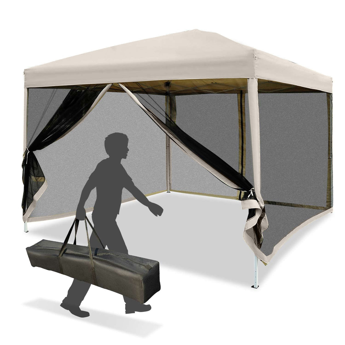 Folding Gazebo Gazebo Folding Tent With Side Walls & Carry Bag, Steel + Oxford, Beige, 3X3X2.55M