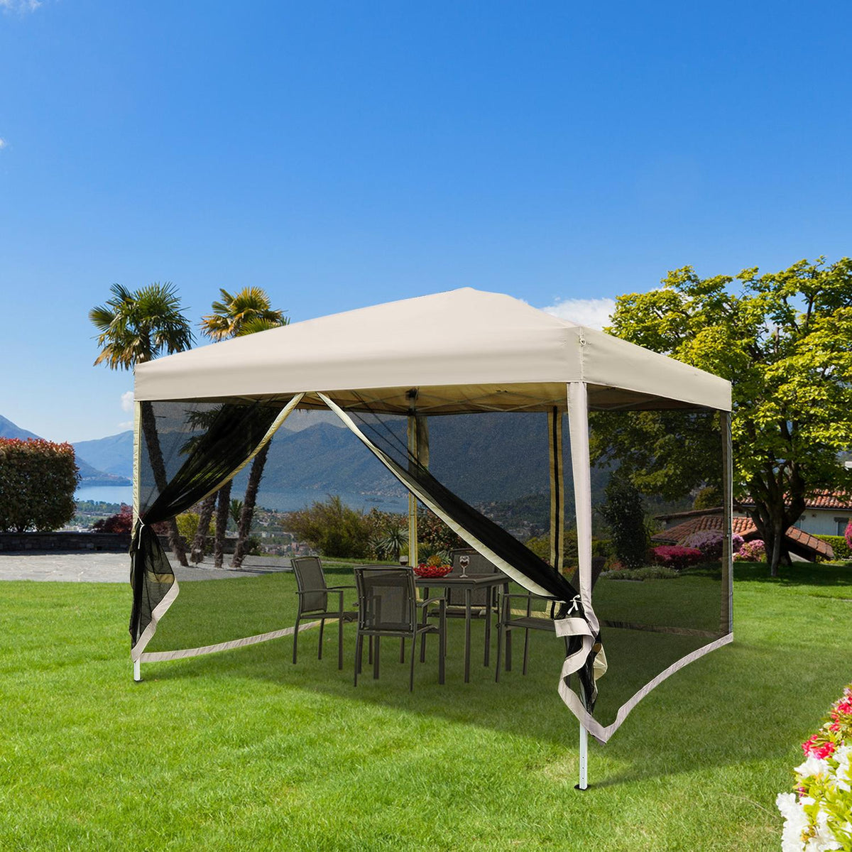 Folding Gazebo Gazebo Folding Tent With Side Walls & Carry Bag, Steel + Oxford, Beige, 3X3X2.55M