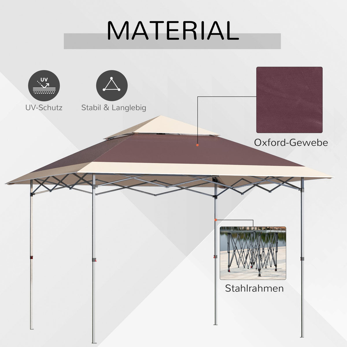 Folding Gazebo Pop Up Tent Garden Gazebo Roll Bag Oxford Fabric 3.6 X 3.6 M Dark Brown + Khaki