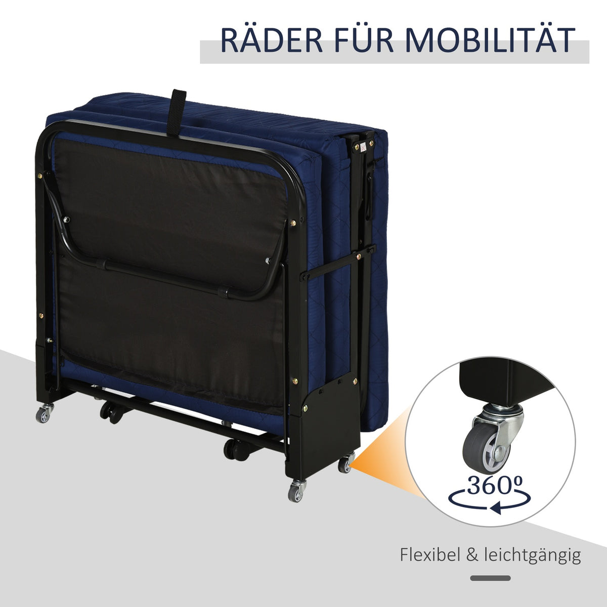 Folding Guest Bed 2-in-1 Adjustable Headboard Height Wheels Steel Foam Blue 184x65x26cm