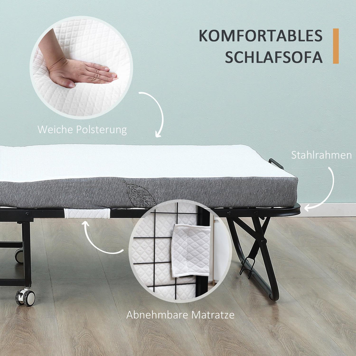 Folding Guest Bed with Mattress, Wheels, Steel Frame