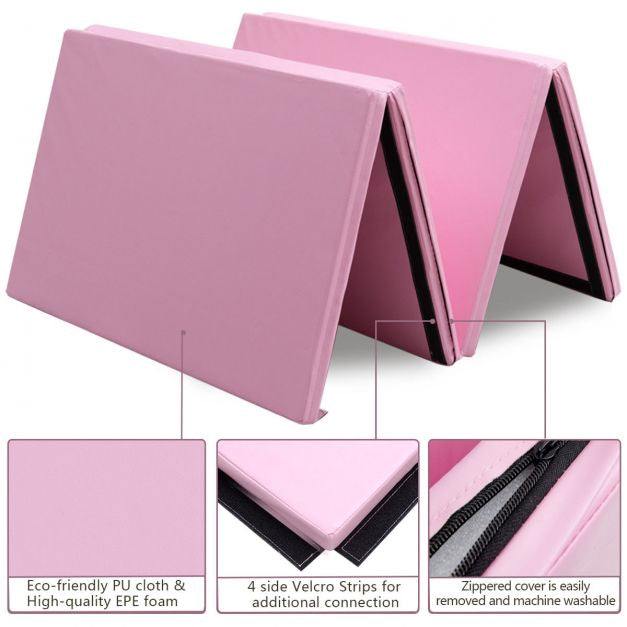 Folding Gymnastics Mat, 8ft 4-Fold PU Cover, Pink