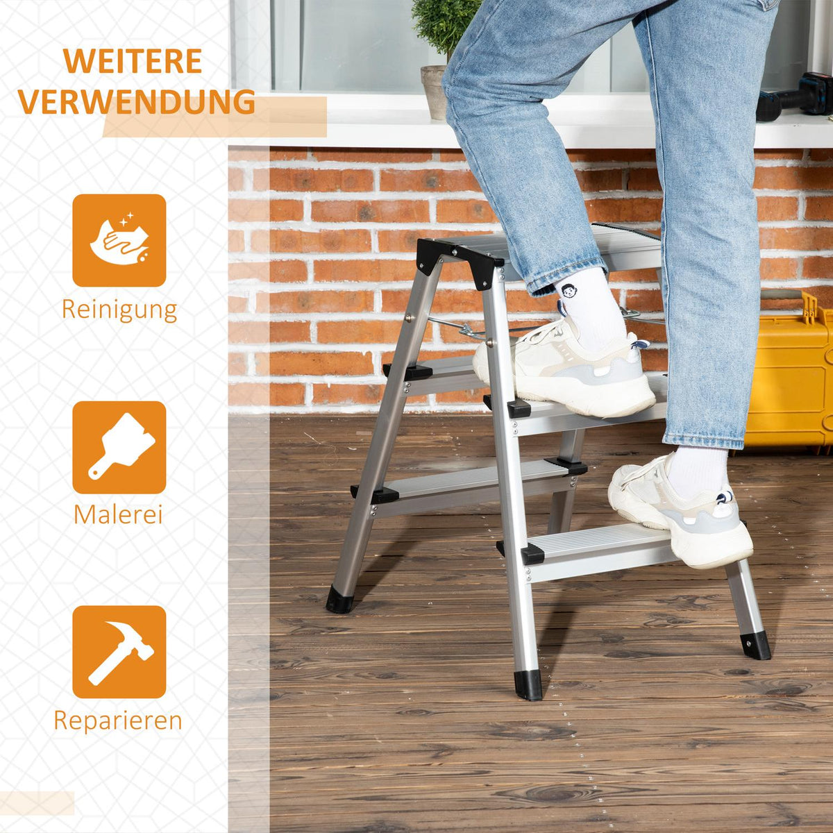 Folding Ladder Space-Saving, 3 Steps, Aluminum, With Non-Slip Feet, Up To 150Kg, 44X62.5X60.5Cm