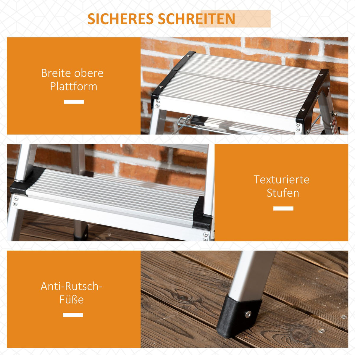 Folding Ladder Space-Saving, 3 Steps, Aluminum, With Non-Slip Feet, Up To 150Kg, 44X62.5X60.5Cm