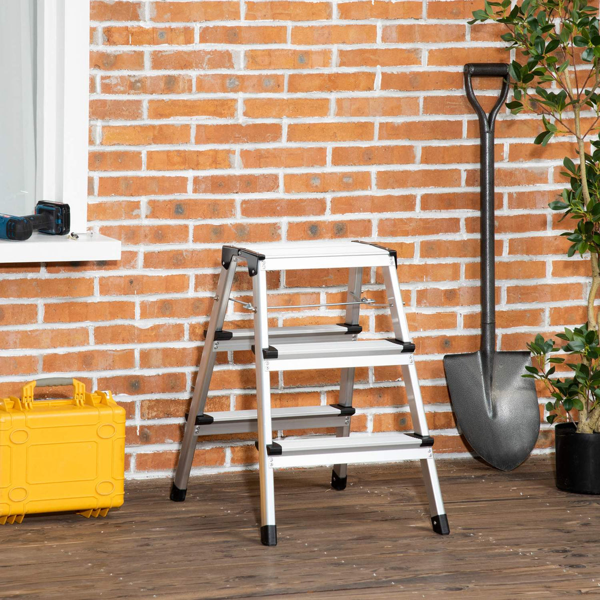 Folding Ladder Space-Saving, 3 Steps, Aluminum, With Non-Slip Feet, Up To 150Kg, 44X62.5X60.5Cm