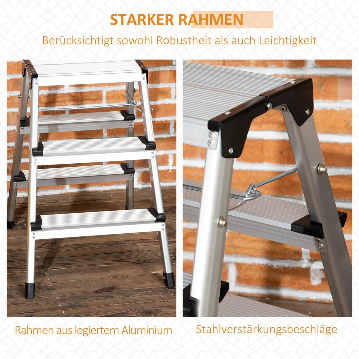 Folding Ladder Space-Saving, 3 Steps, Aluminum, With Non-Slip Feet, Up To 150Kg, 44X62.5X60.5Cm