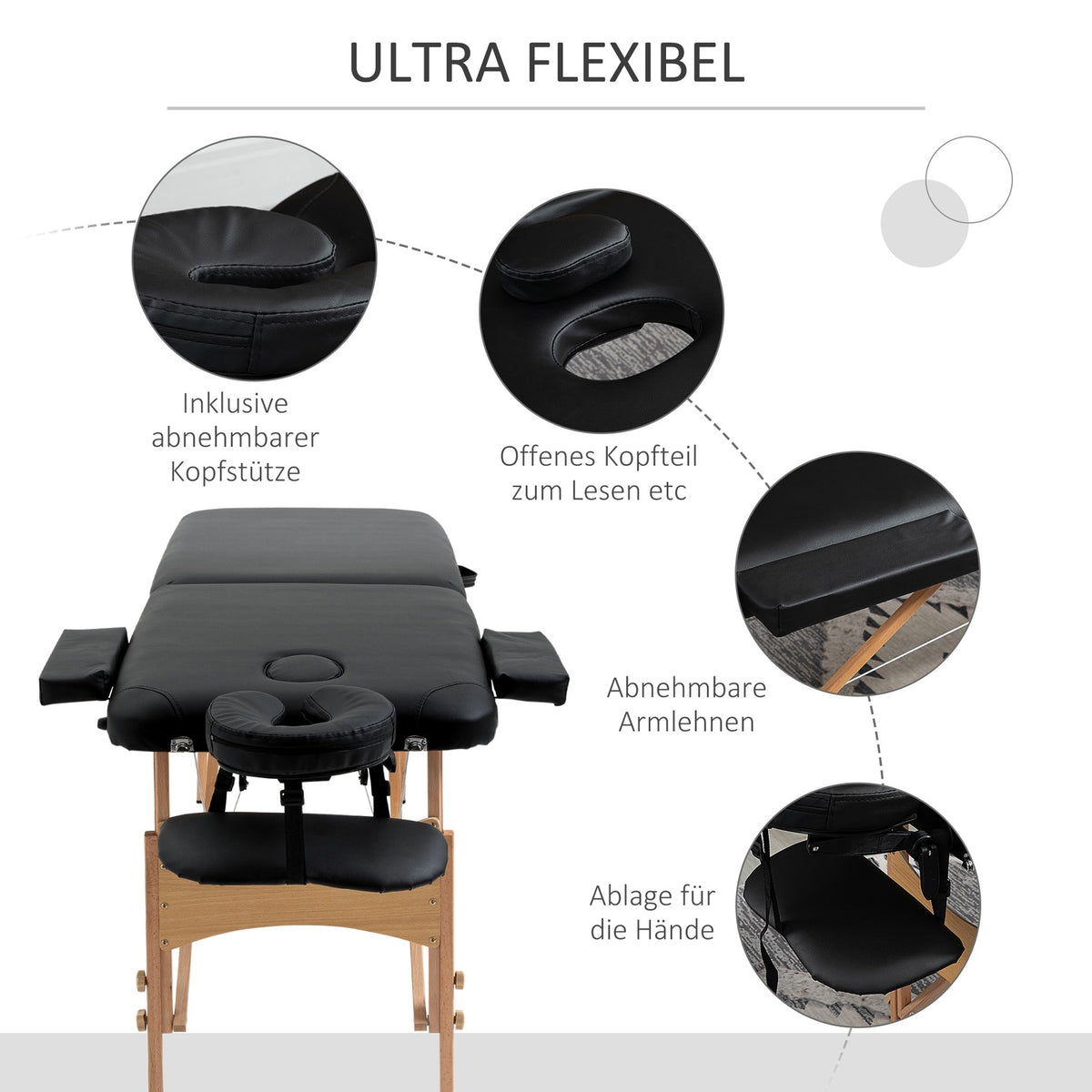 Folding Massage Table, Portable Massage Table With Headrest, Height Adjustable, Faux Leather & Wood, Black