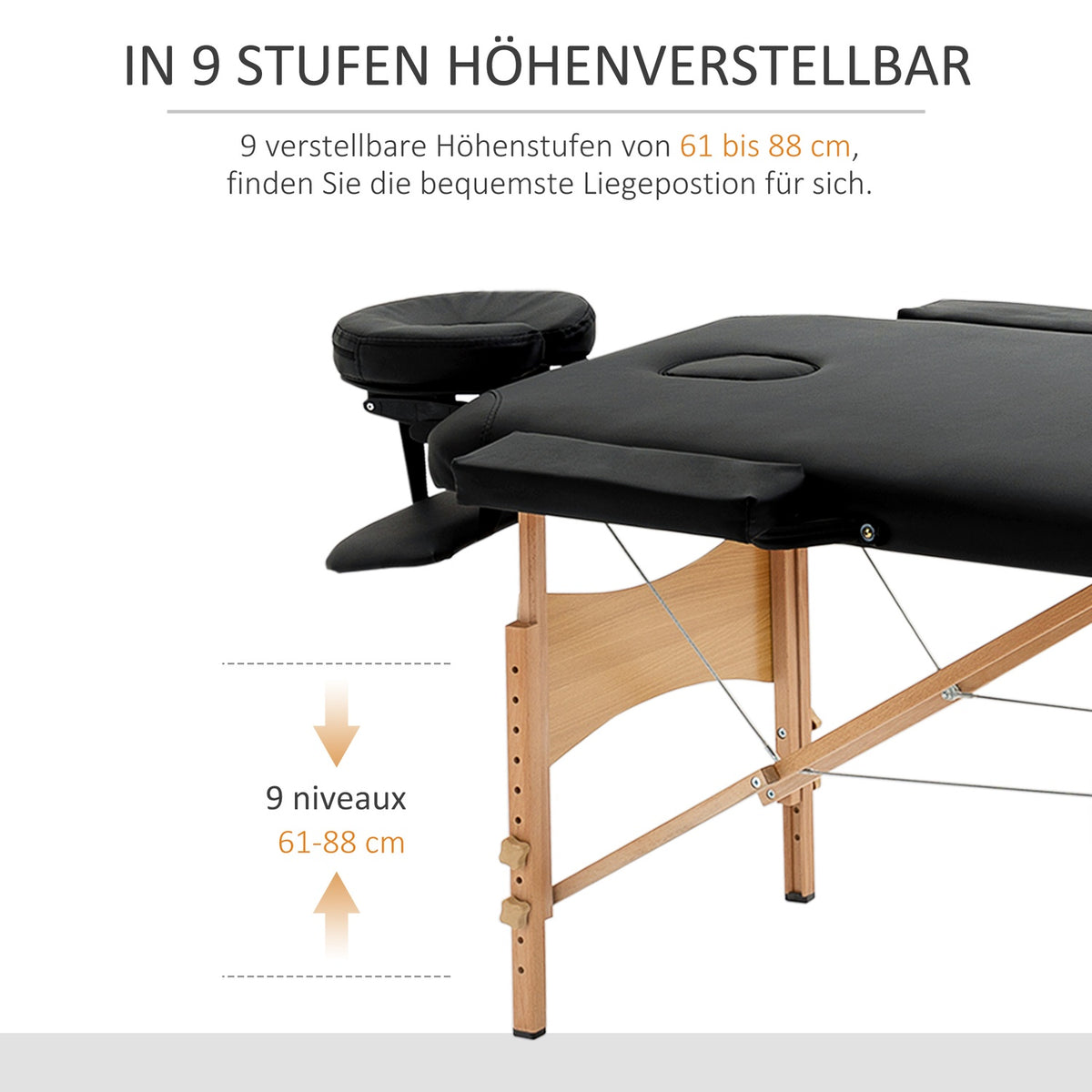 Folding Massage Table, Portable Massage Table With Headrest, Height Adjustable, Faux Leather & Wood, Black