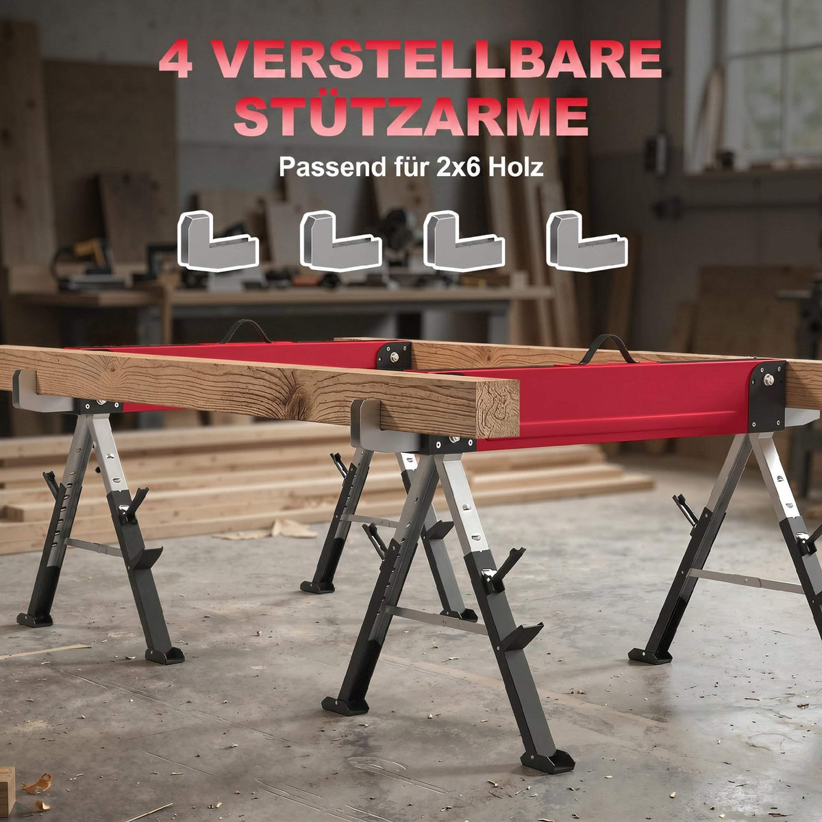 Folding Metal Sawhorse Set, 1160kg Capacity, Adjustable Height
