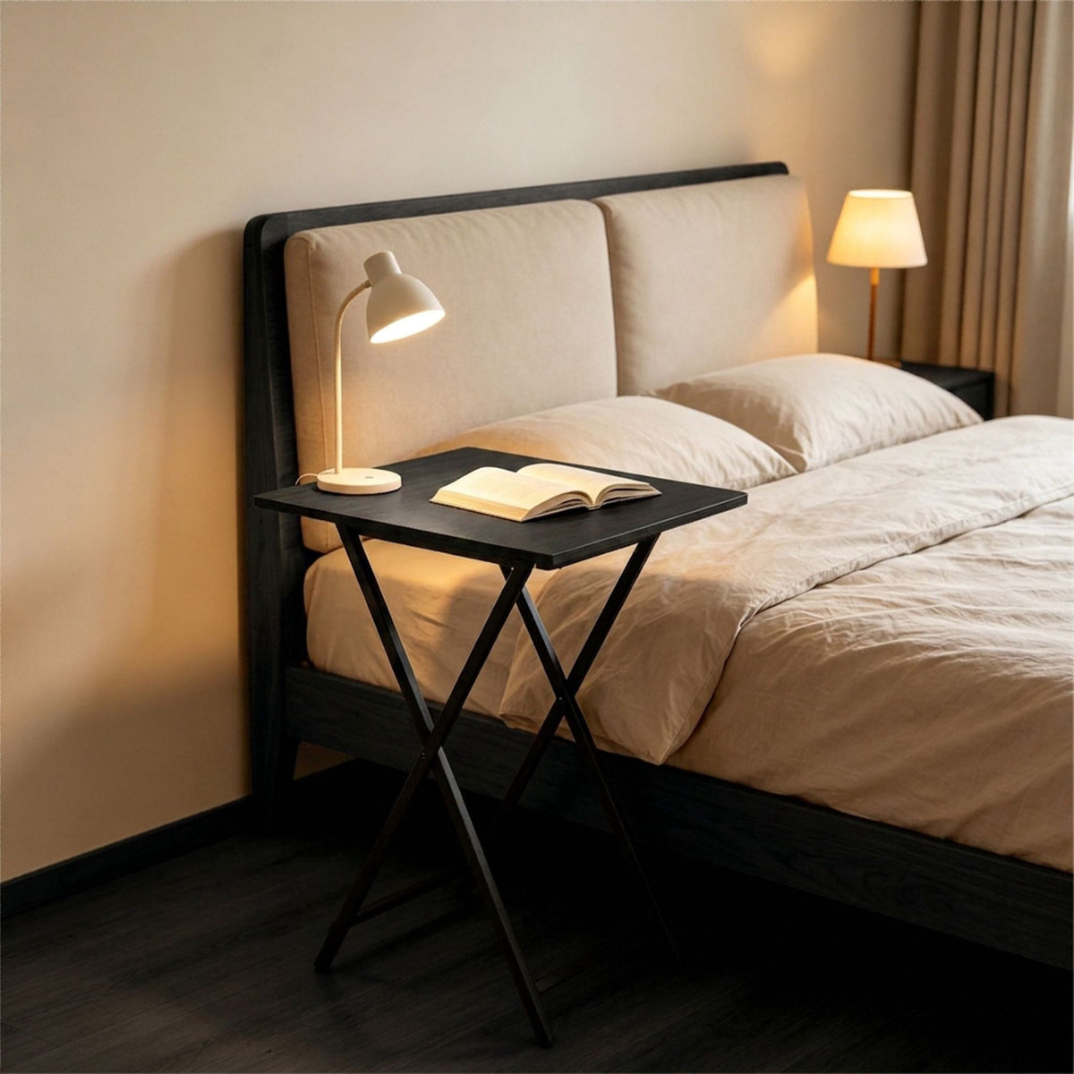 Folding Metal Side Table with Wood-Effect Top, Black