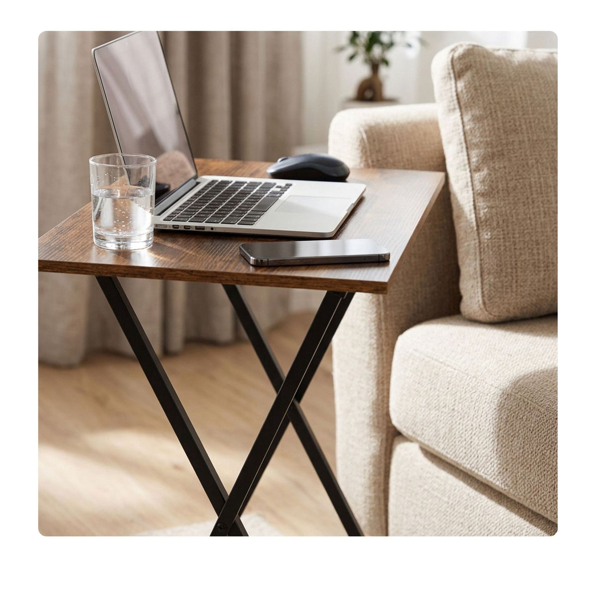 Folding Metal Table with Wood-Effect Top, 66.5×48×36 cm