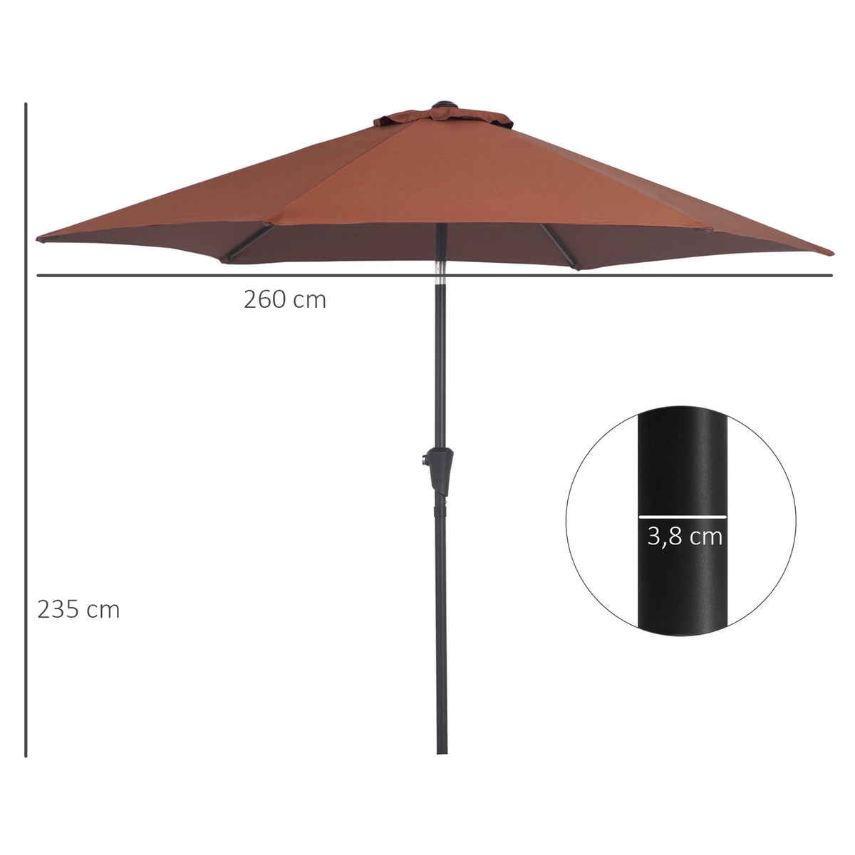 Folding Parasol With Hand Crank, Aluminum, 180/㎡ Polyester, Brown, ∅2.7 X 2.35 M
