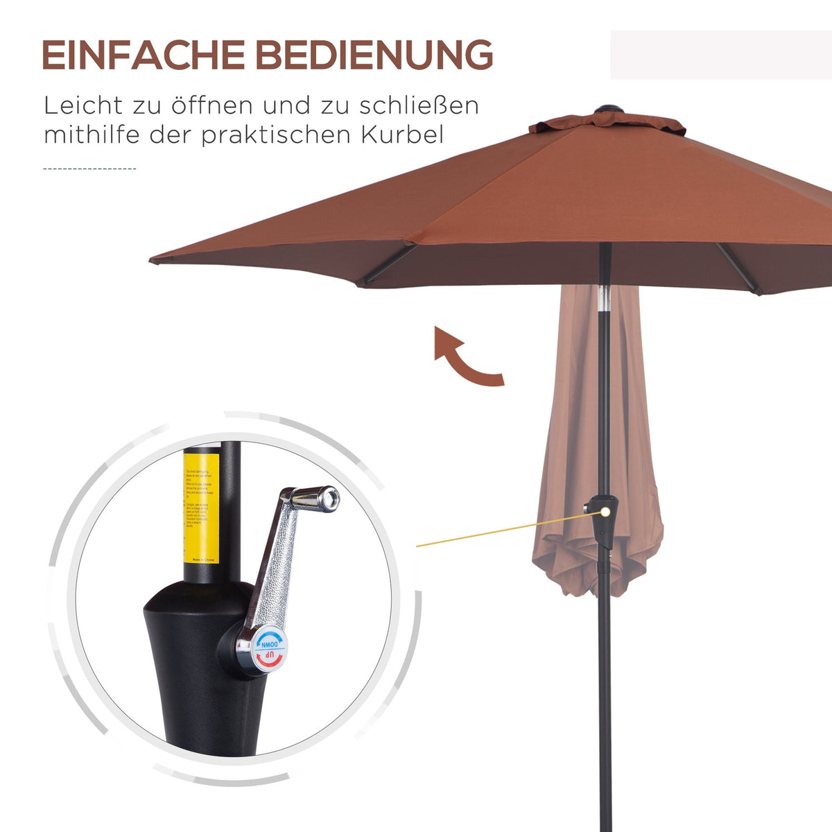 Folding Parasol With Hand Crank, Aluminum, 180/㎡ Polyester, Brown, ∅2.7 X 2.35 M