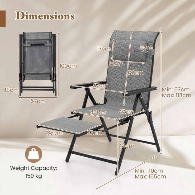 Folding Patio Lounge Chair – 10-Position Footrest, Grey
