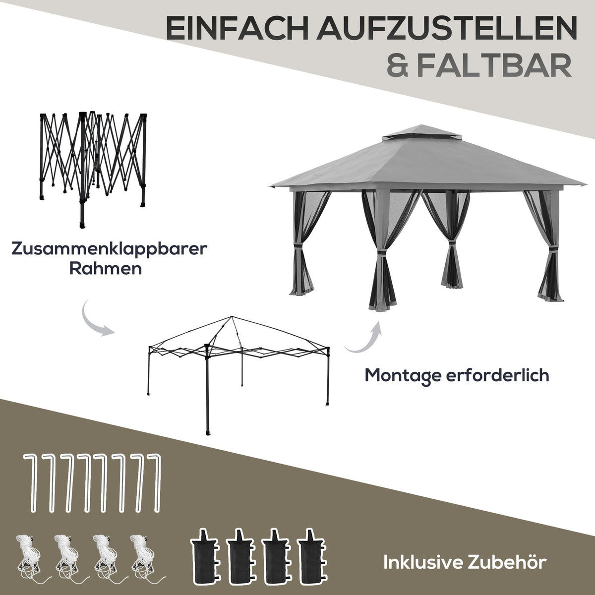 Folding Pavilion 4X4M Pop-Up Garden Pavilion With Uv Protection And Mesh Walls, Double Roof, Dark Gray