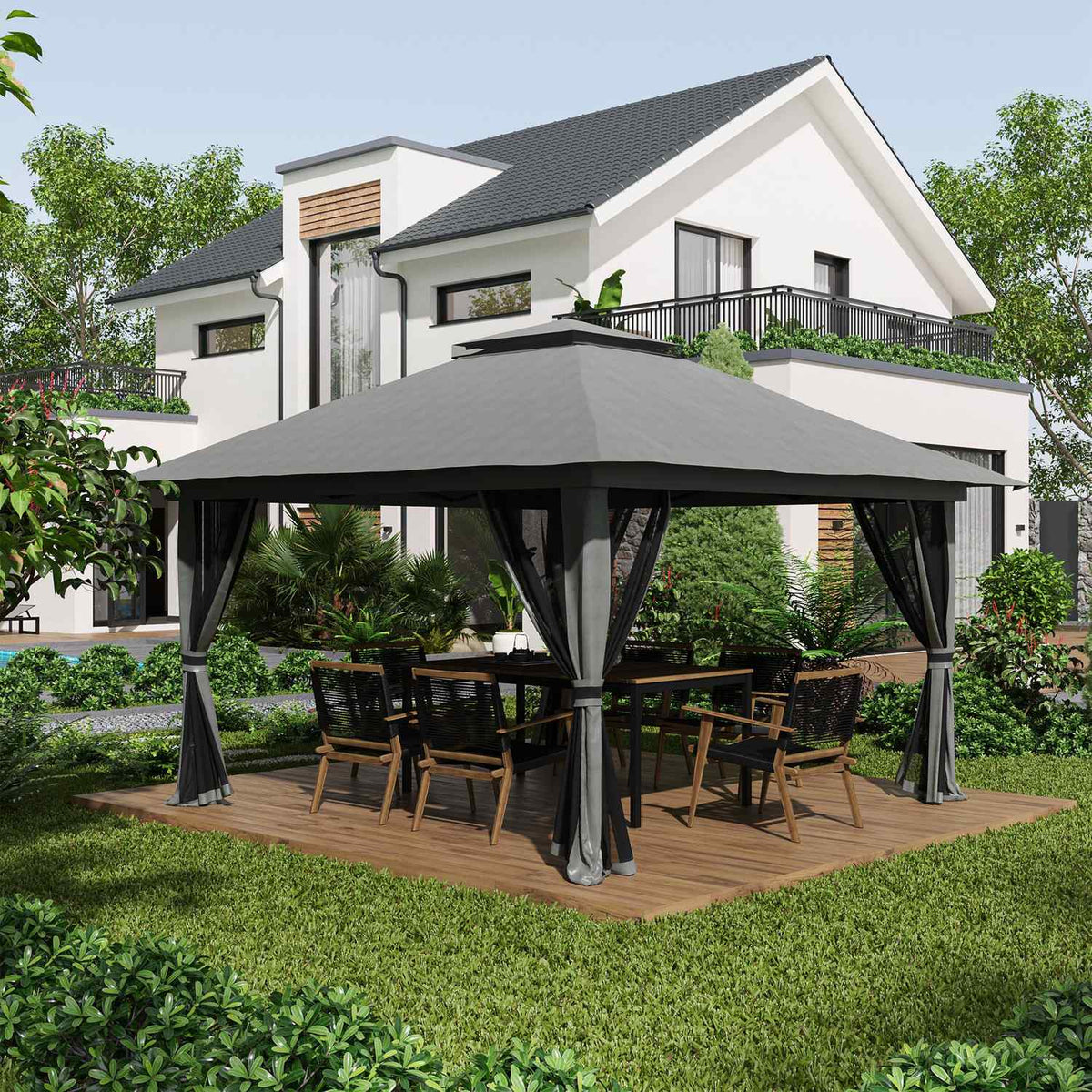 Folding Pavilion 4X4M Pop-Up Garden Pavilion With Uv Protection And Mesh Walls, Double Roof, Dark Gray