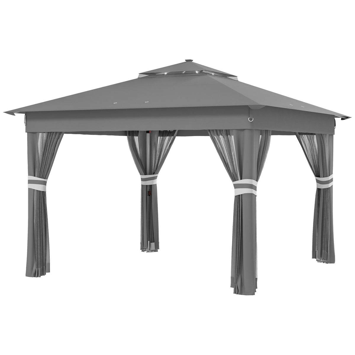 Folding Pavilion Approx. 3 X 3 M, Pavilion With Led, 4 Mesh Curtains, Side Wall, Garden Pavilion With Water Bag, Double Roof, Carrying Bag, Dark Gray
