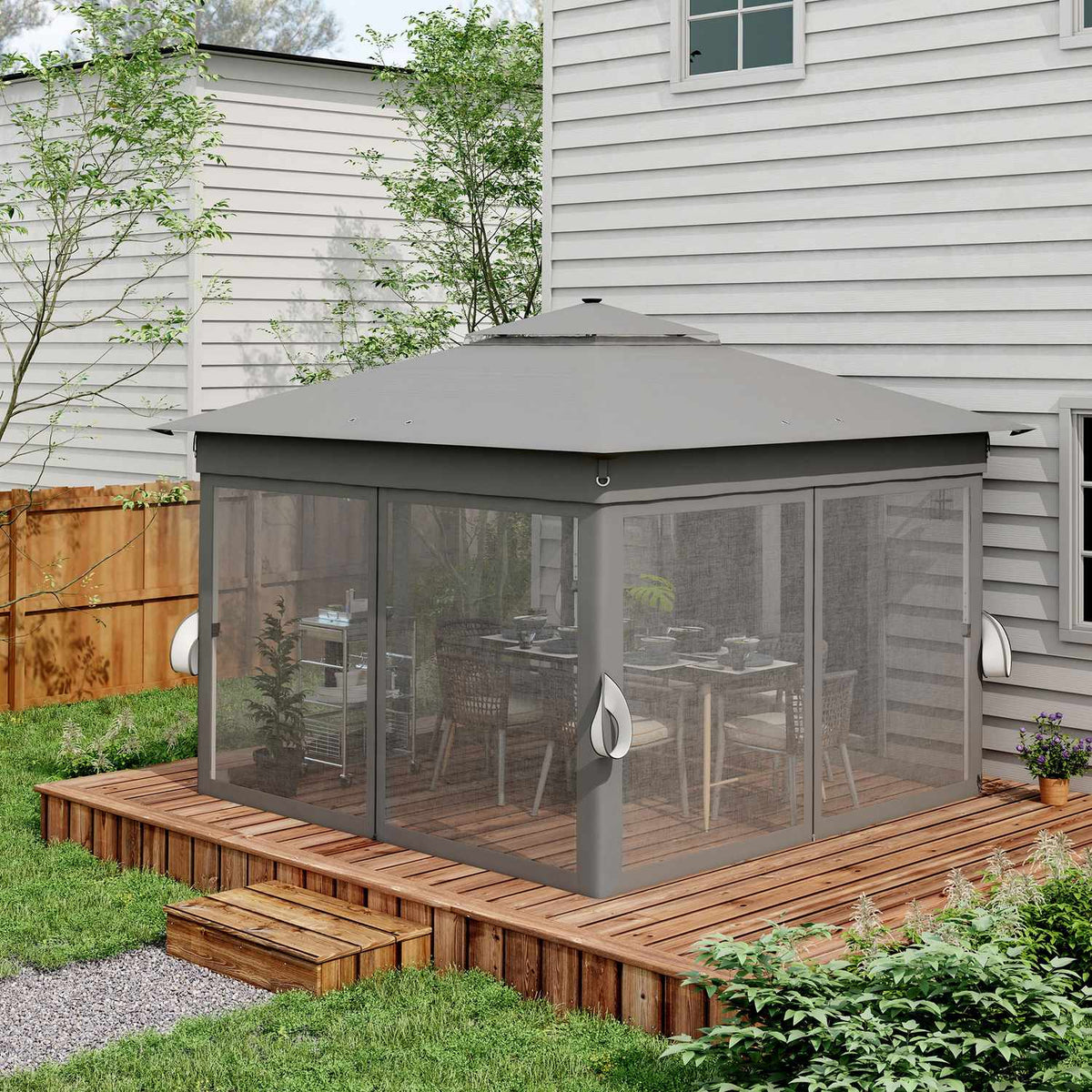 Folding Pavilion Approx. 3 X 3 M, Pavilion With Led, 4 Mesh Curtains, Side Wall, Garden Pavilion With Water Bag, Double Roof, Carrying Bag, Dark Gray