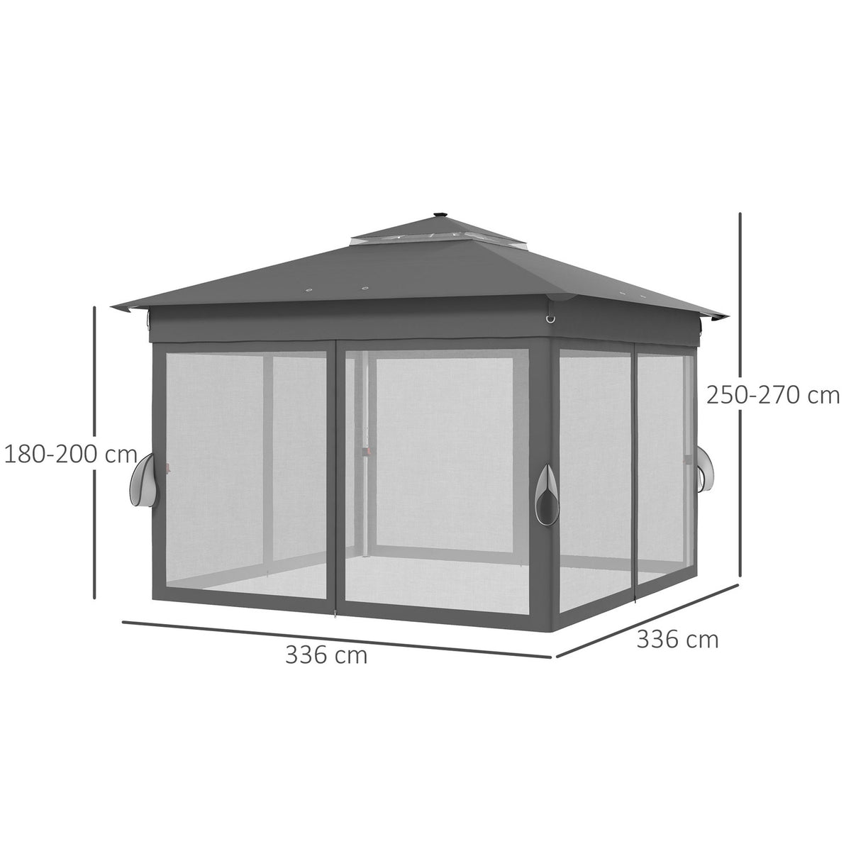 Folding Pavilion Approx. 3 X 3 M, Pavilion With Led, 4 Mesh Curtains, Side Wall, Garden Pavilion With Water Bag, Double Roof, Carrying Bag, Dark Gray