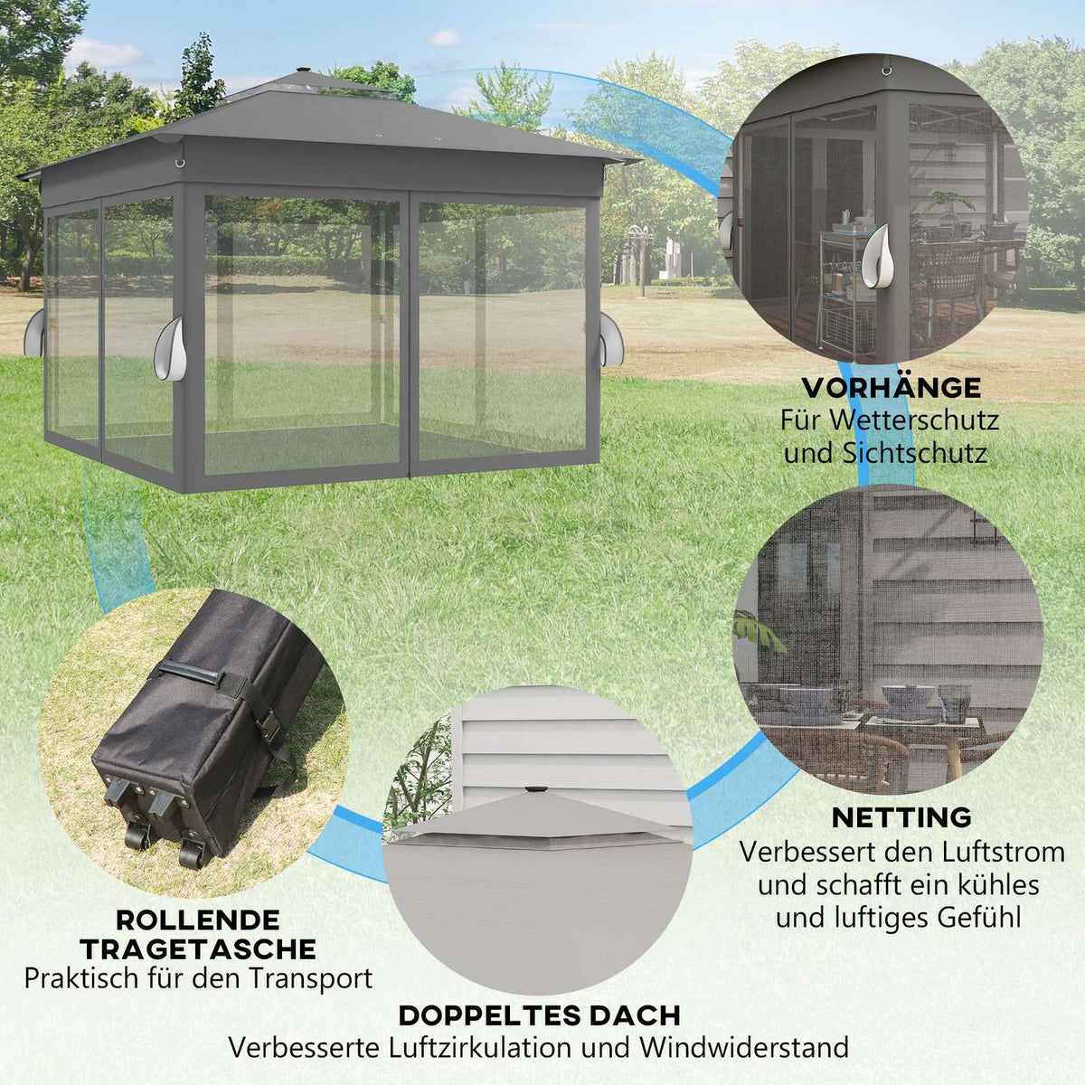 Folding Pavilion Approx. 3 X 3 M, Pavilion With Led, 4 Mesh Curtains, Side Wall, Garden Pavilion With Water Bag, Double Roof, Carrying Bag, Dark Gray