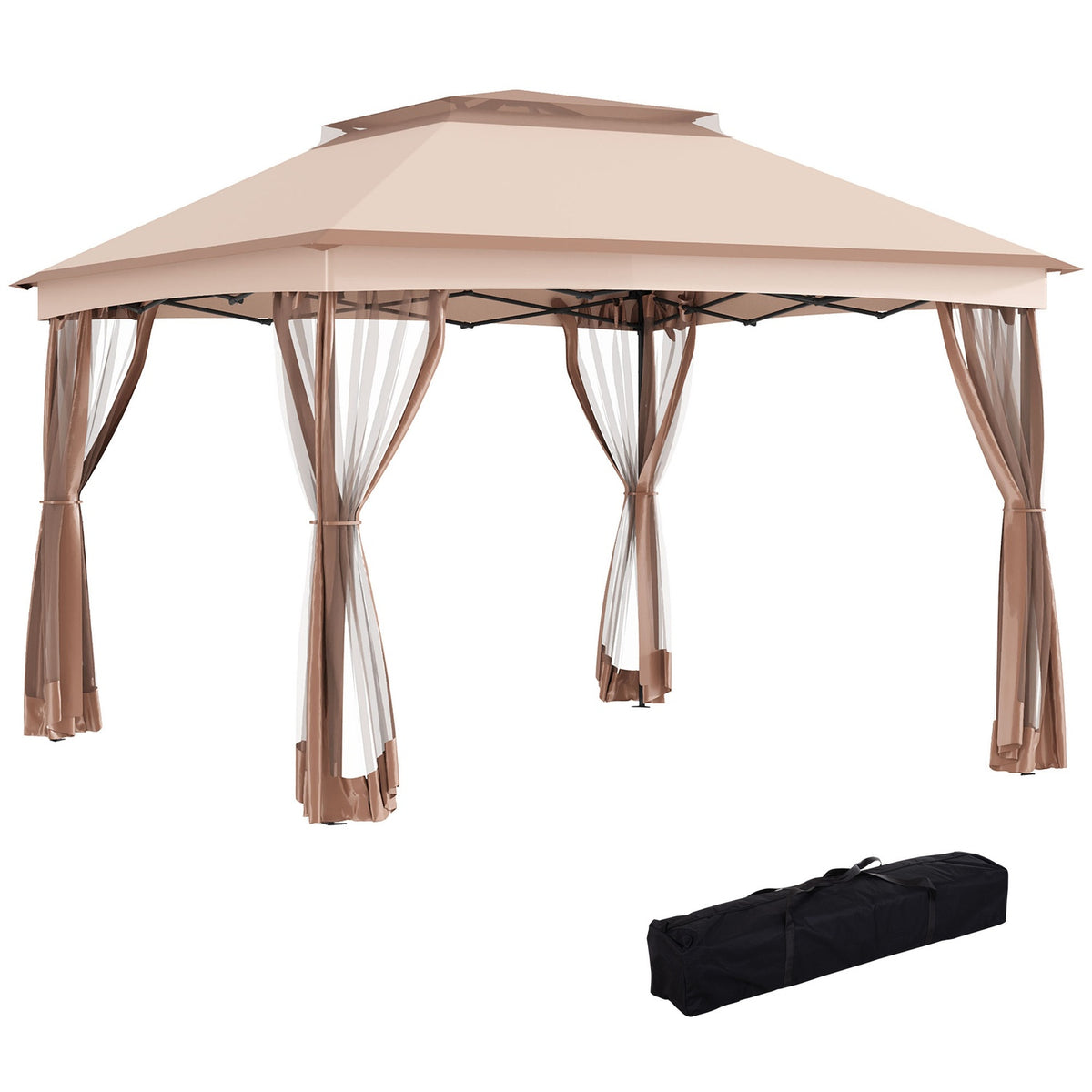 Folding Pavilion Garden Tent 3.25X3.25X2.65M Side Walls Pop-Up Tent Khaki