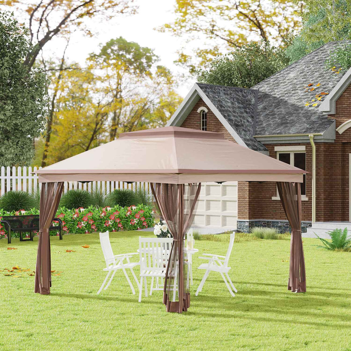 Folding Pavilion Garden Tent 3.25X3.25X2.65M Side Walls Pop-Up Tent Khaki