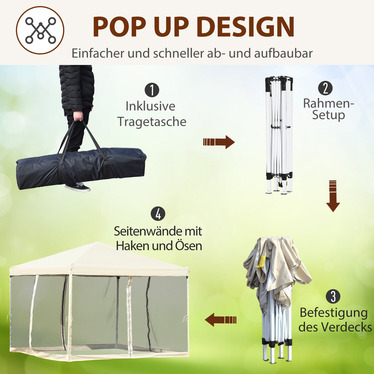 Folding Pavilion Gazebo Folding Tent With Side Walls Incl. Carrying Bag Metal + Oxford Cream White 3X3M