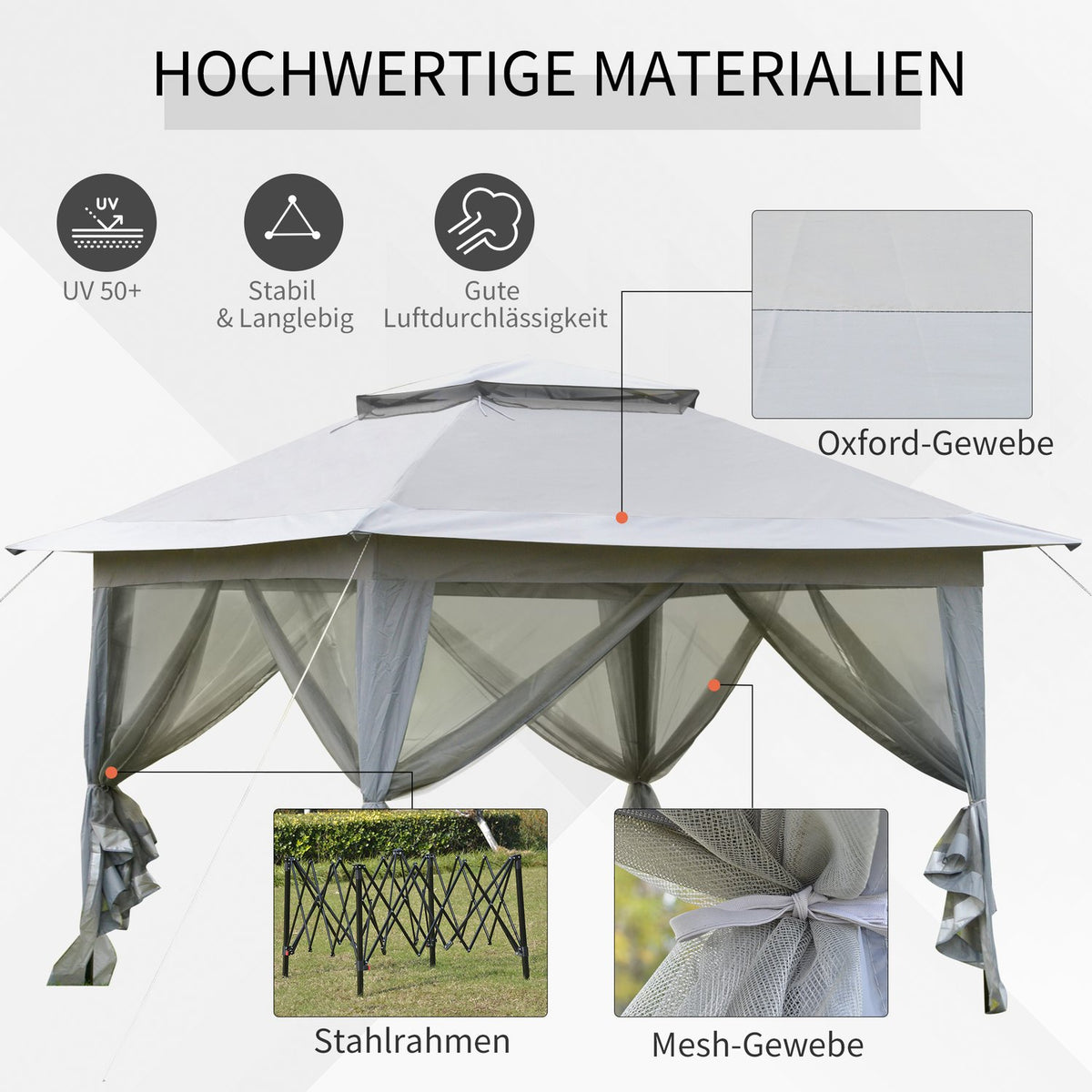 Folding Pavilion Pop-Up Tent Garden Pavilion Incl. Roll Bag Steel+Oxford+Mesh Gray 3.64X3.64X2.94M