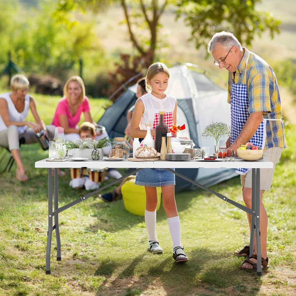 Folding Picnic Table 5 ft, HDPE Wood Grain Top, Non-Slip Feet