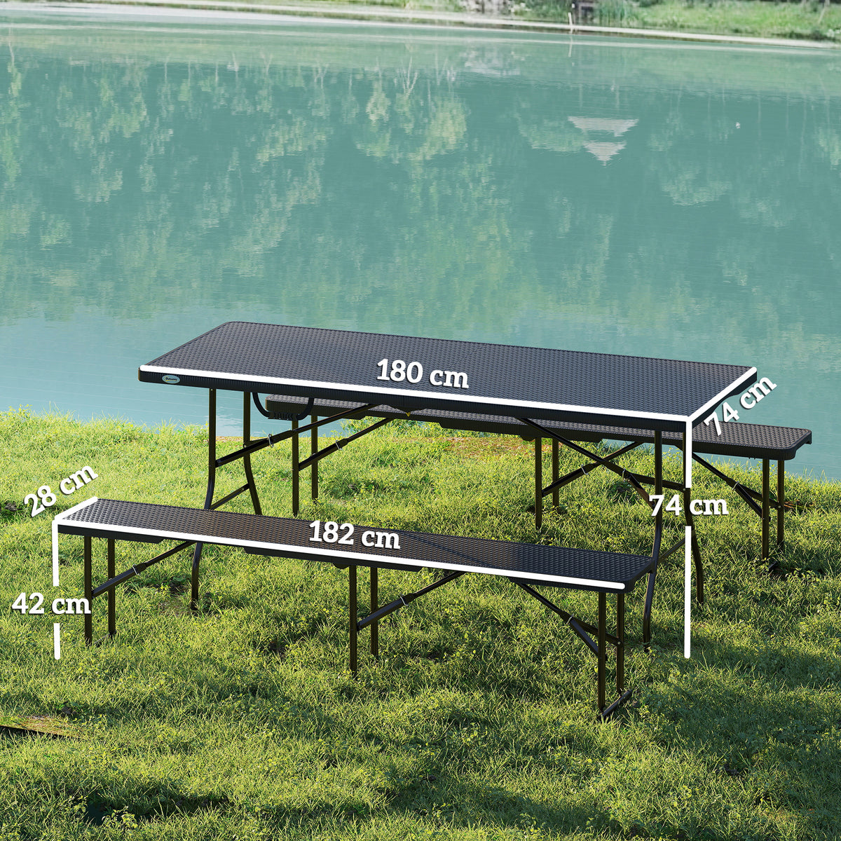 Folding Picnic Table Set, 3-Piece, Black, HDPE & Metal