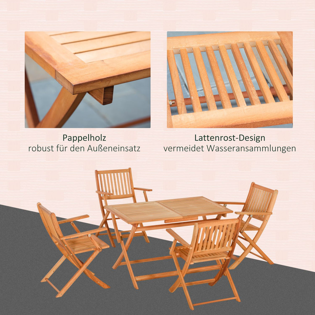 Folding Seating Group For 4 People Outdoor Seating Set Made Of Natural Poplar Wood