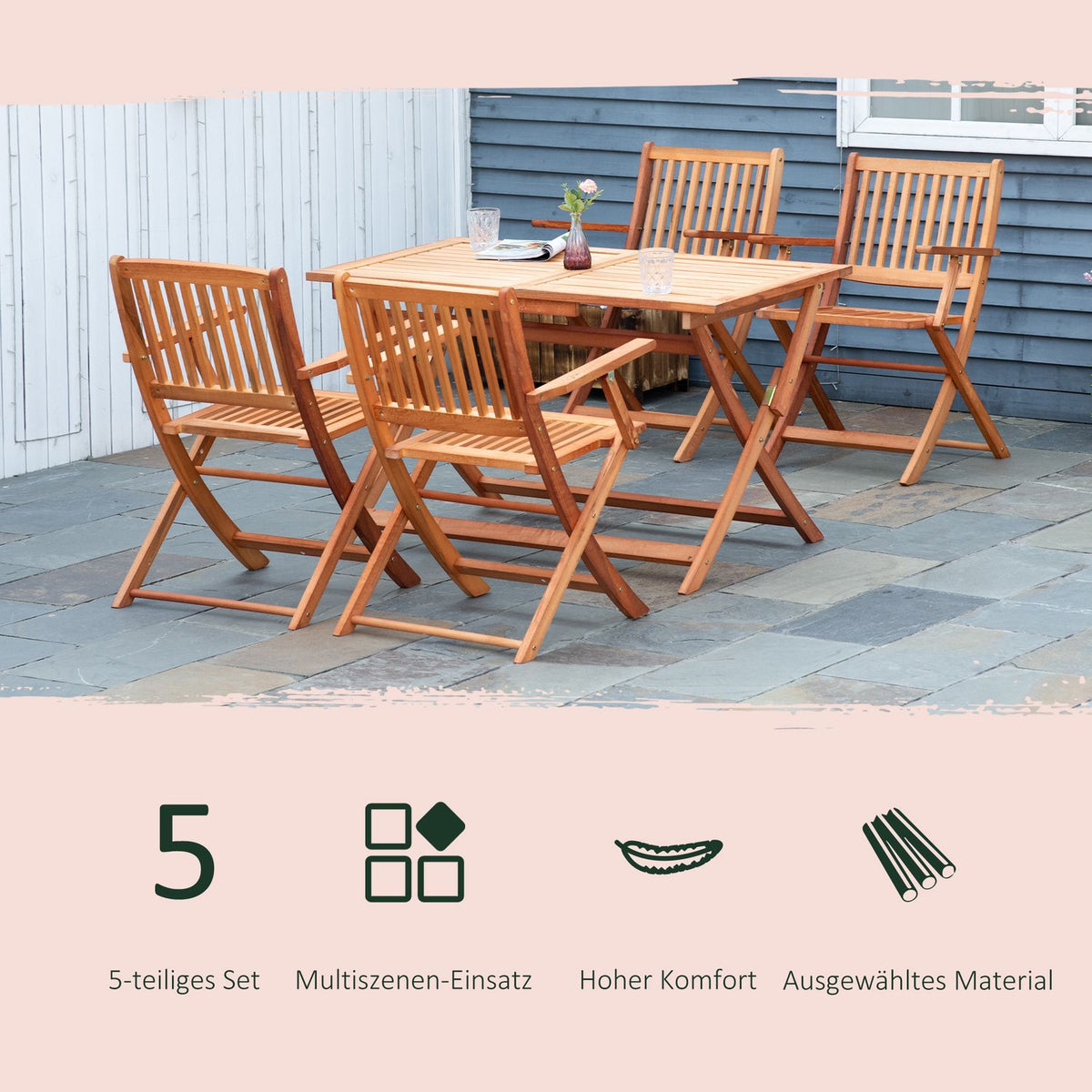 Folding Seating Group For 4 People Outdoor Seating Set Made Of Natural Poplar Wood