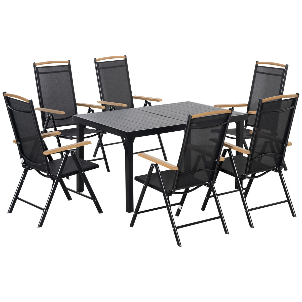Folding Seating Group For 6 People Garden Furniture Set 1 Table + 6 Chairs Seating Set Aluminum Mesh Black