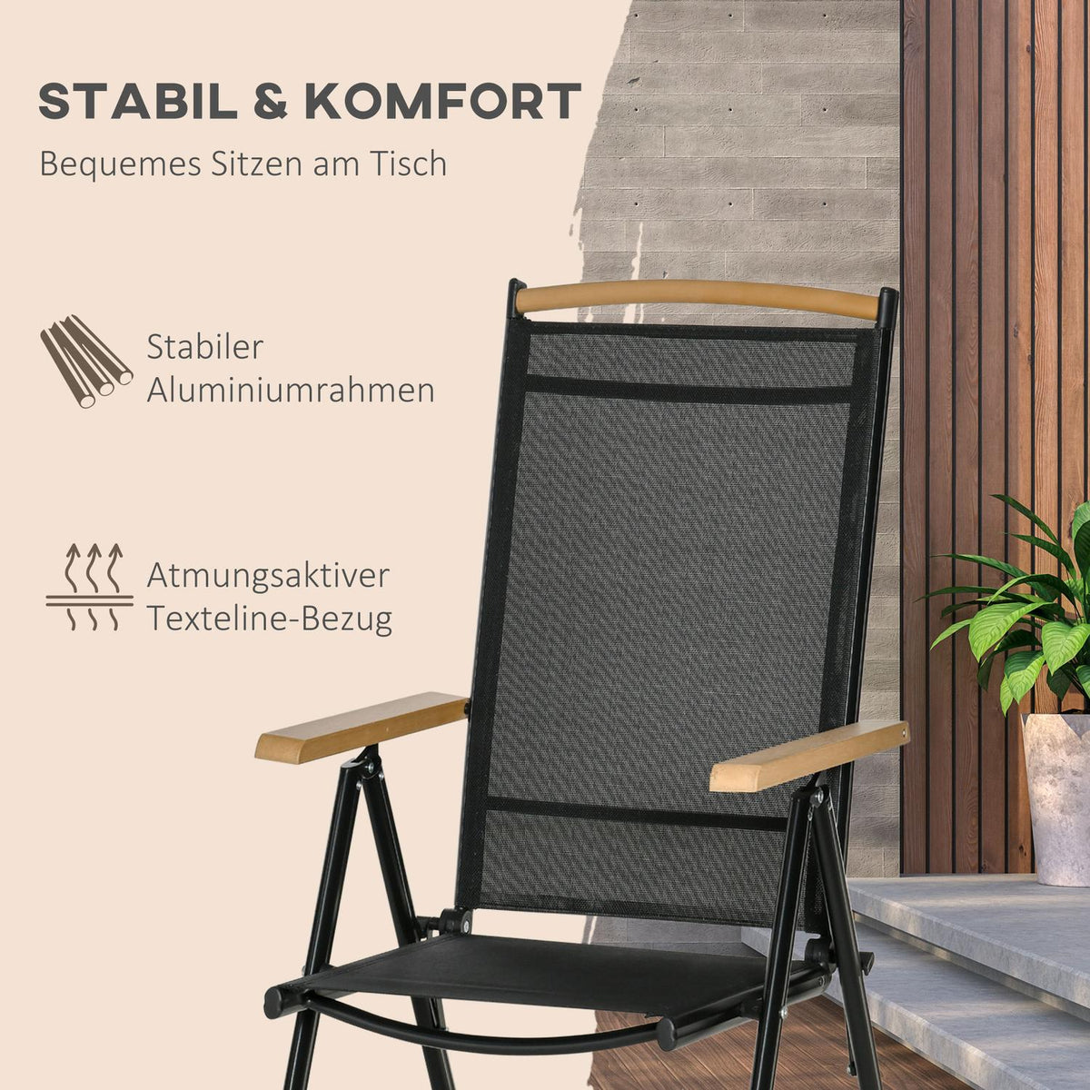 Folding Seating Group For 6 People Garden Furniture Set 1 Table + 6 Chairs Seating Set Aluminum Mesh Black