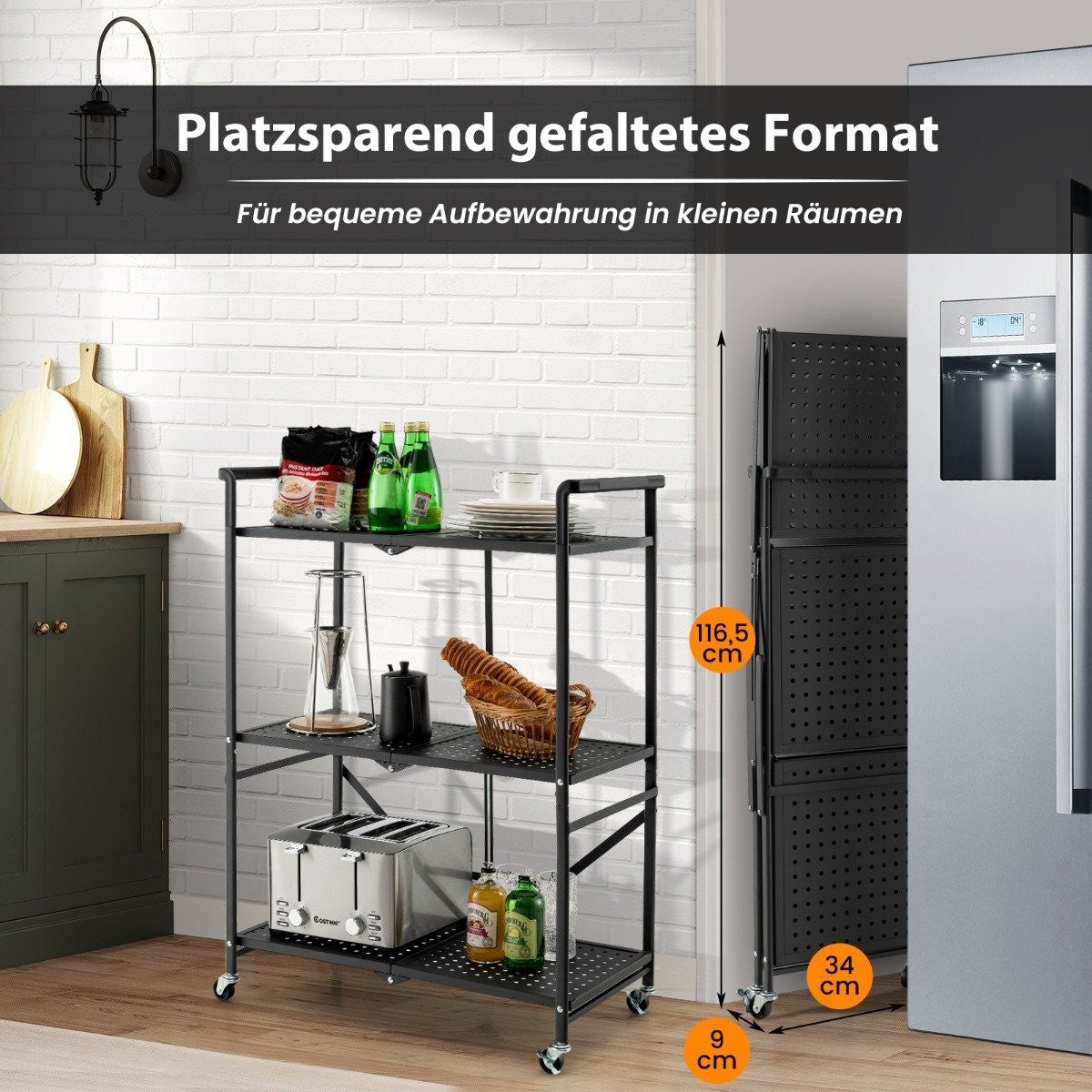 Folding Serving Trolley with 4 Wheels 3 Tier Metal Shelf for Kitchen Office Black