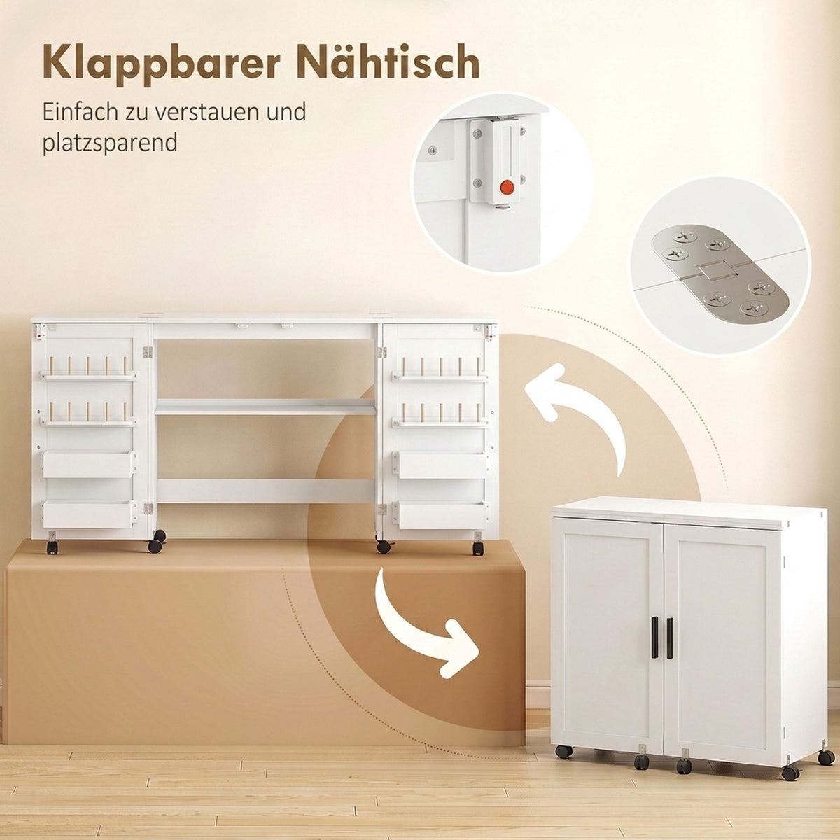 Folding Sewing Table with Storage, White – Magnetic Doors