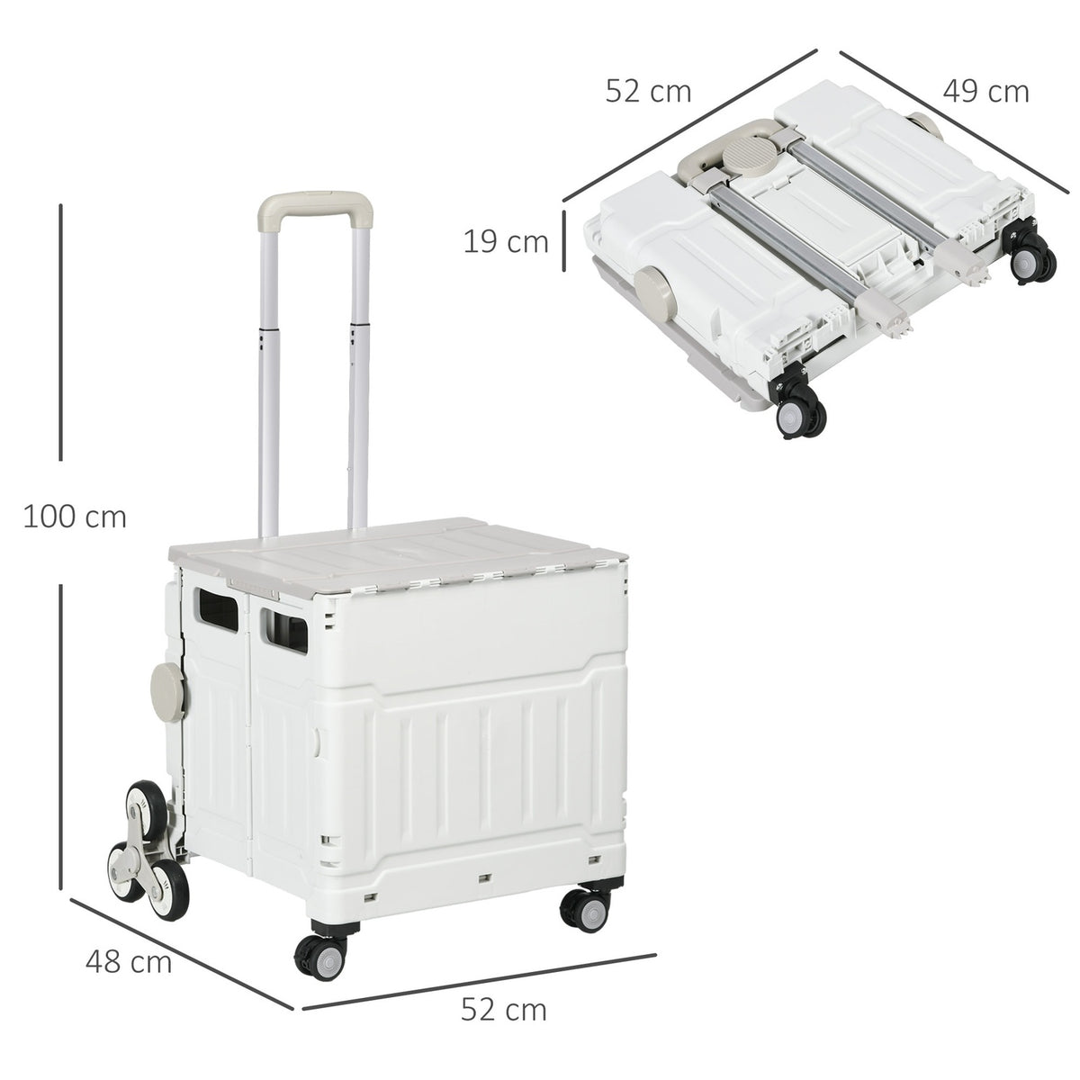 Folding Shopping Trolley, Adjustable Telescopic Handle, Stair Climber With Lid, Up To 80 Kg, White