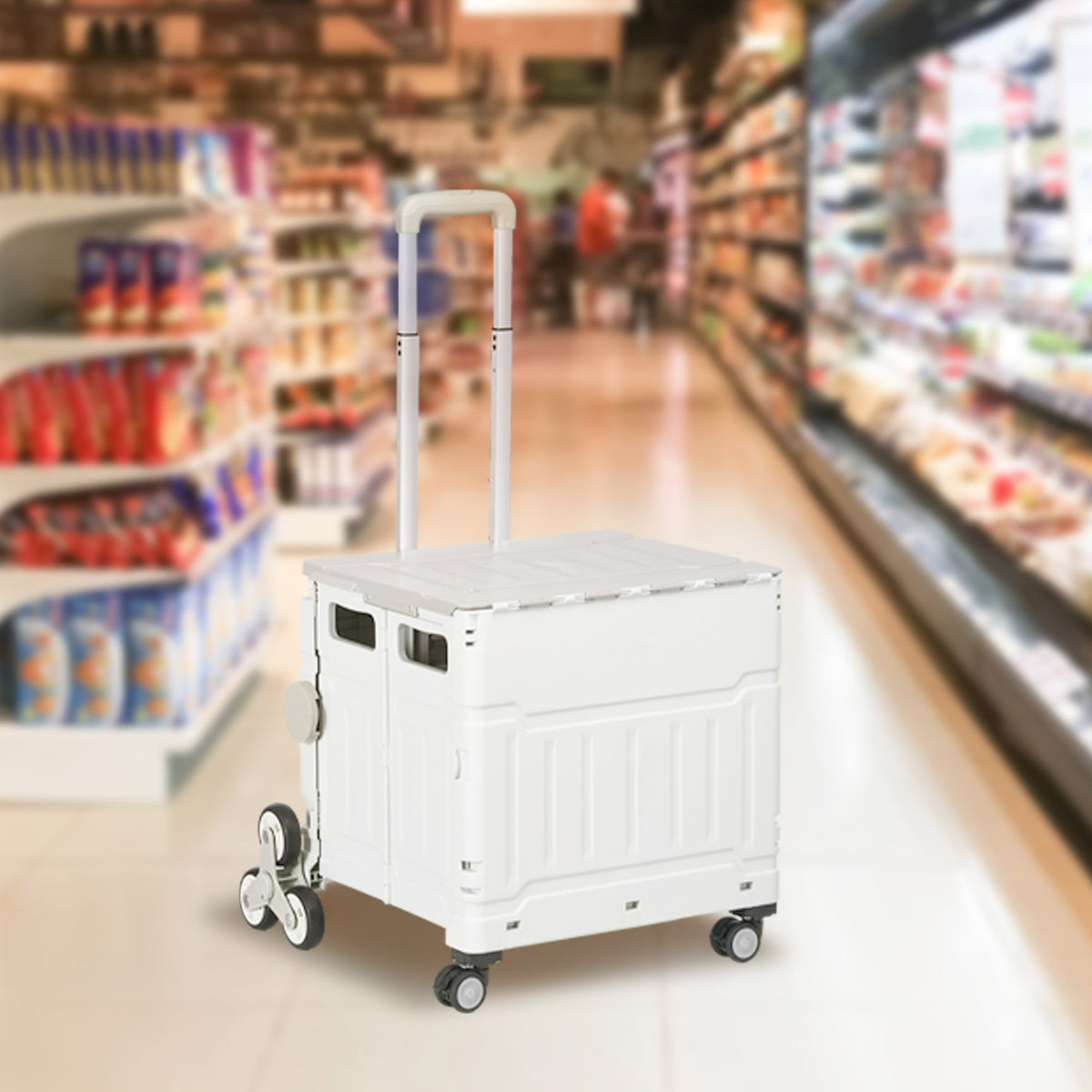 Folding Shopping Trolley, Adjustable Telescopic Handle, Stair Climber With Lid, Up To 80 Kg, White