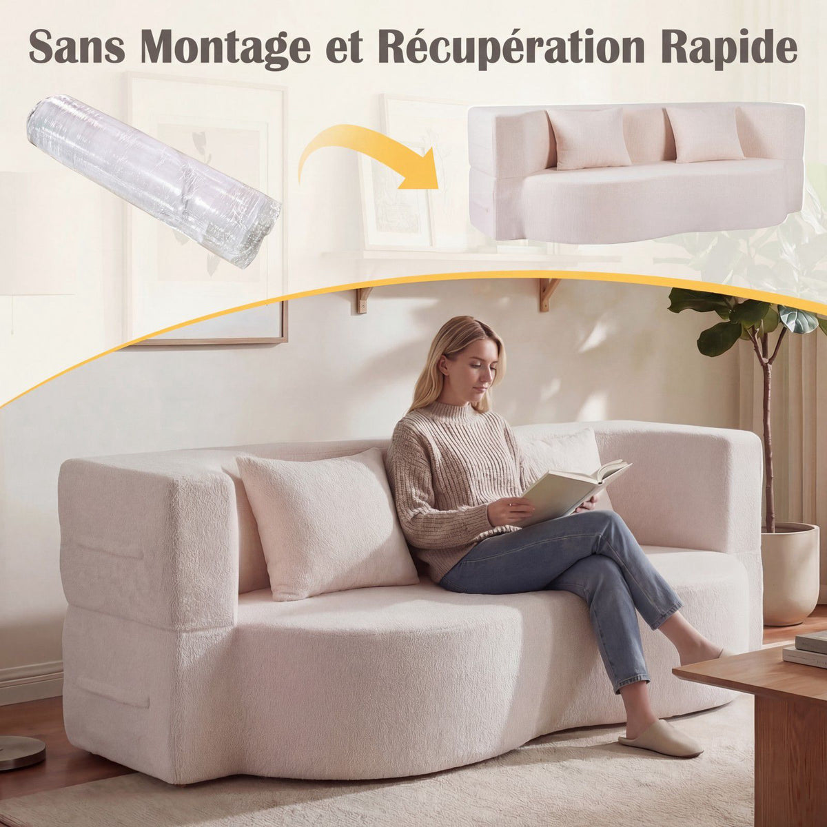 Folding Sofa Bed 192.5 cm, Teddy Fleece, 2 Cushions