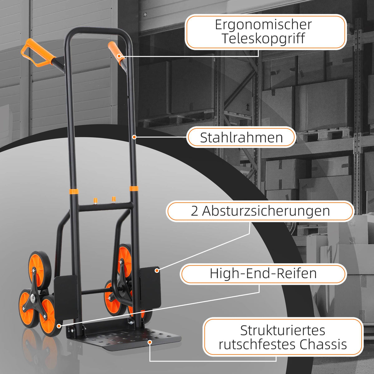 Folding Stair Climbing Hand Truck, Steel Frame, 120kg Capacity