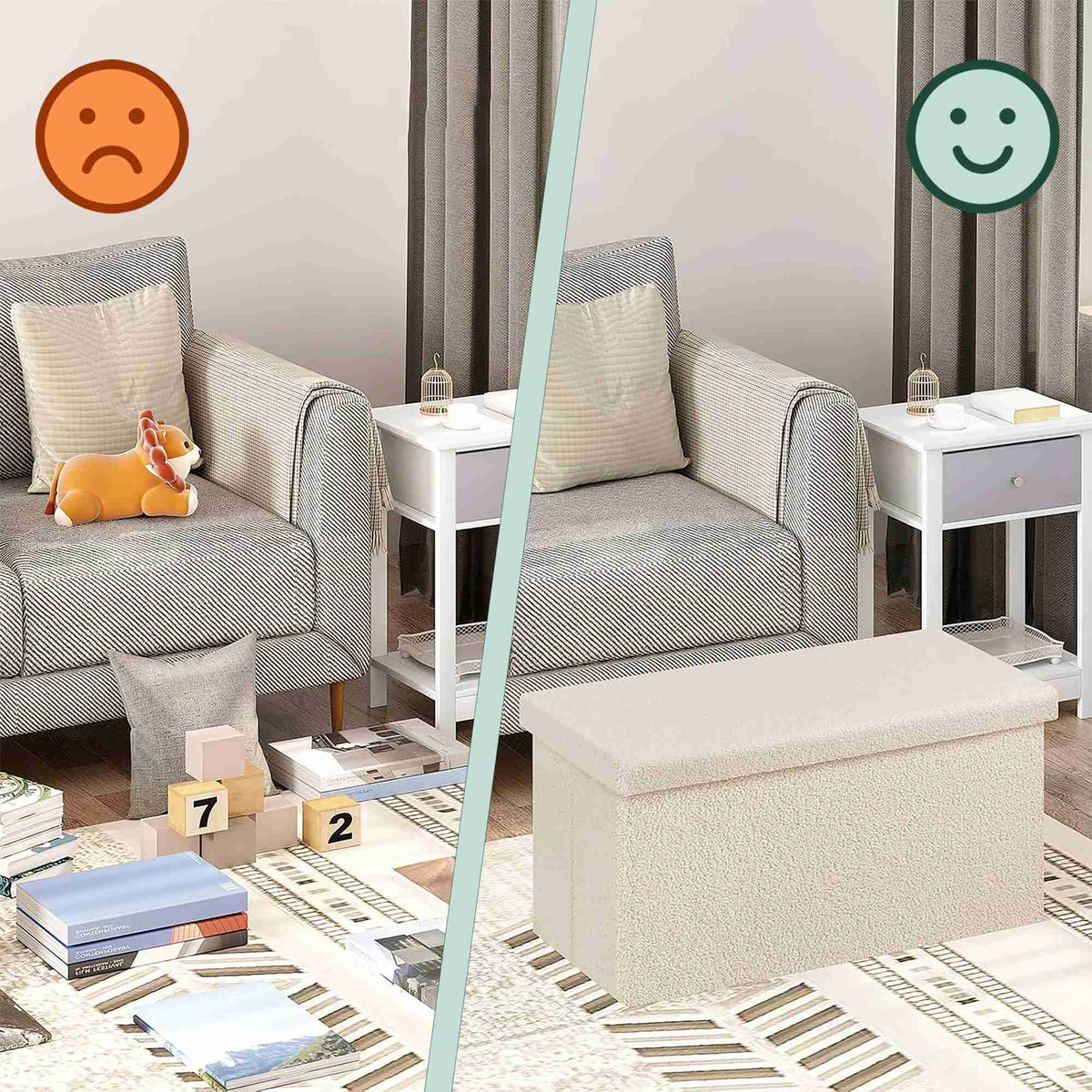Folding Storage Bench with Teddy Fabric, 2-Seater