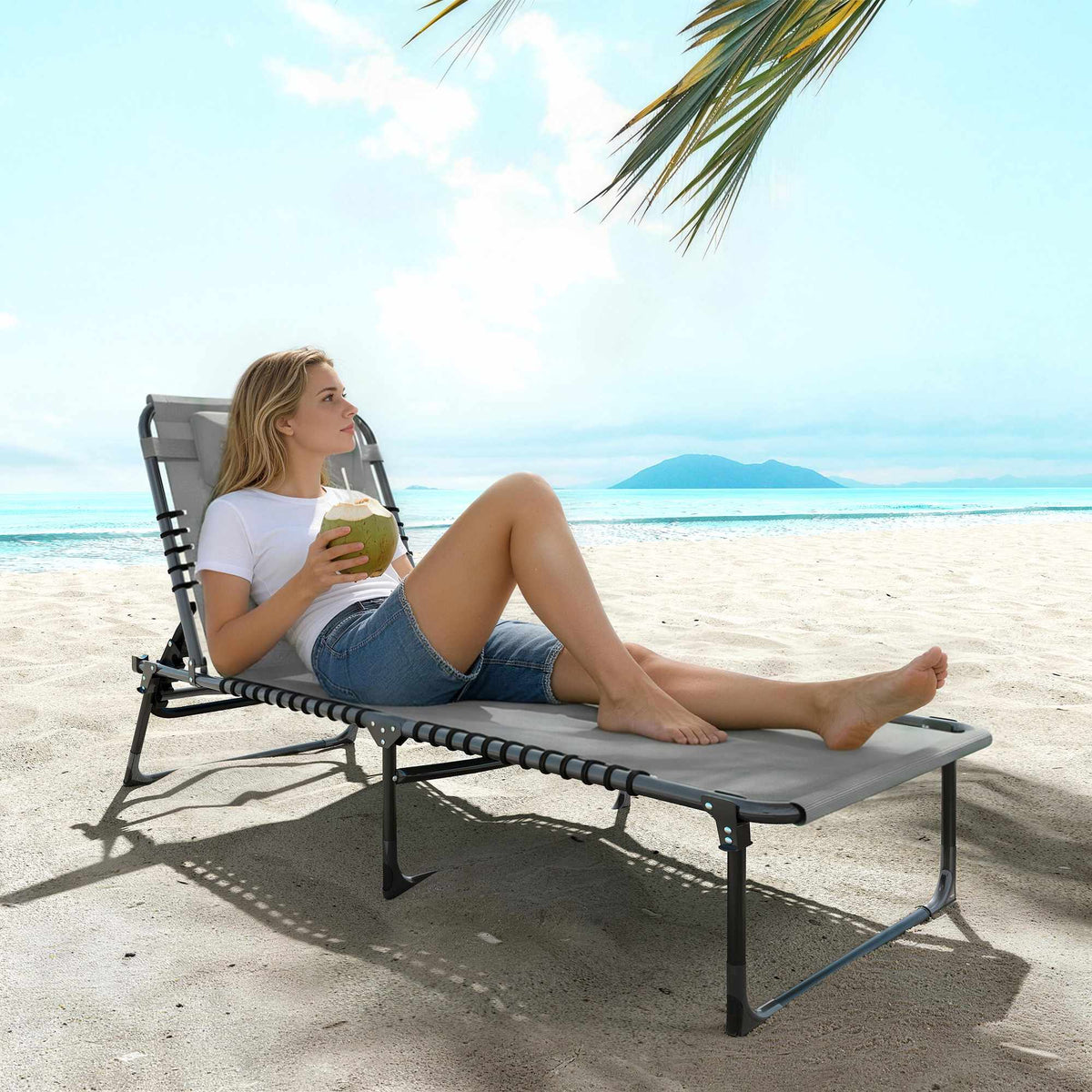 Folding Sun Lounger, Adjustable, Steel Frame, Light Grey