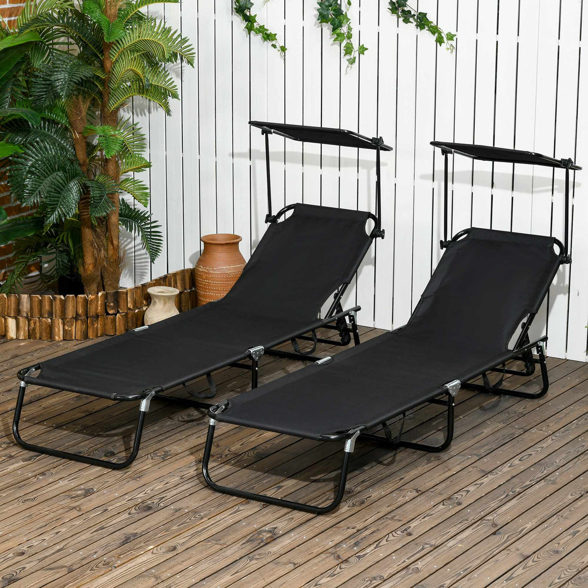 Folding Sun Lounger Set with Canopy, Adjustable Backrest